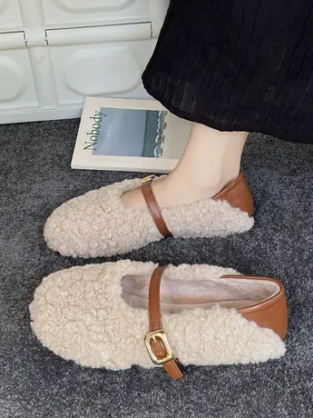 韩版玛丽珍毛毛鞋女2023新款秋冬季羊羔毛浅口加绒一字带豆豆棉鞋图片