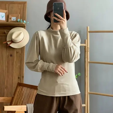 dza复古短款泡泡袖长袖宽松T恤女秋冬洋气内搭上衣休闲百搭打底衫商品大图
