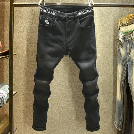 个性腰头字母刺绣裤子男牛仔裤修身小脚裤秋冬款黑色百搭潮流长裤图片