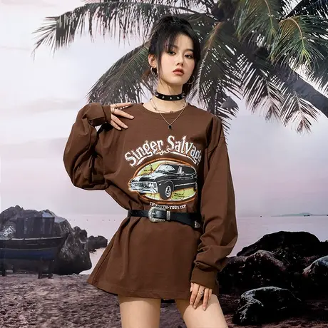 YEP潮牌美式汽车印花长袖T恤女春秋季oversize宽松bf套头上衣ins商品大图