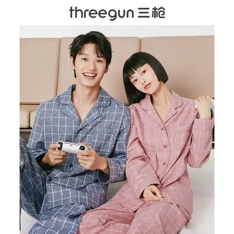 三枪纯棉格子情侣睡衣春秋长袖长裤男女翻领开襟居家服家居服套装商品大图