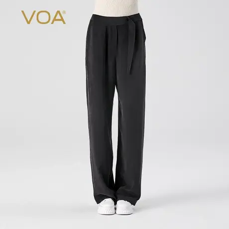 VOA30姆米重磅桑蚕丝黑色自然腰多口袋宽松简约百搭真丝直筒裤女商品大图