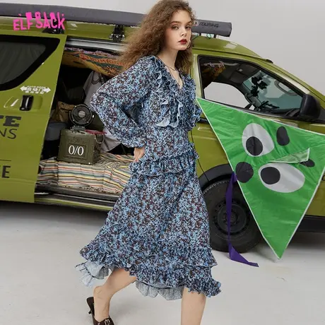妖精的口袋木耳边法式碎花连衣裙女2024早春新款v领长袖气质显瘦图片