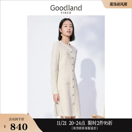 Goodland美地女装冬季法式单排扣绞花肌理感绵羊毛针织连衣裙图片