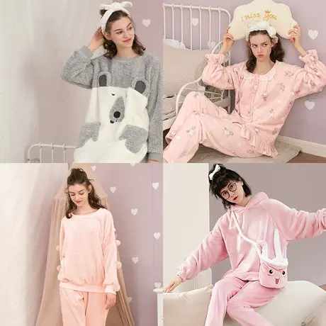 润微睡衣女冬季绒长袖印花可爱舒适宽松可外穿家居服套装商品大图