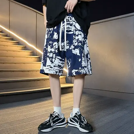 泼墨复古国潮沙滩裤男夏季薄款花短裤冰丝速干潮牌宽松休闲中裤子商品大图