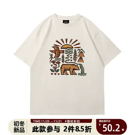 美式休闲露营风圆领短袖t恤男涂鸦风景纹样复古宽松纯棉运动打底图片