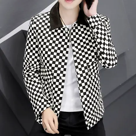 春秋季翻领男士夹克潮流韩版痞帅上衣服青年休闲格子外套2022新款商品大图