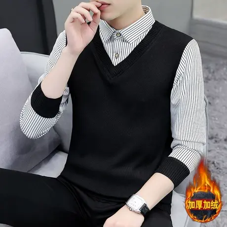 秋冬季假两件毛衣男韩版衬衫领加绒加厚针织衫男装有带领保暖上衣商品大图