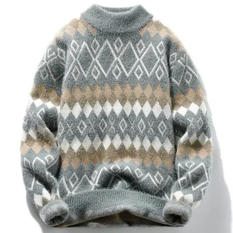 软糯毛衣男士冬季加厚水貂绒半高领内搭针织衫男日系复古毛衫外套商品大图