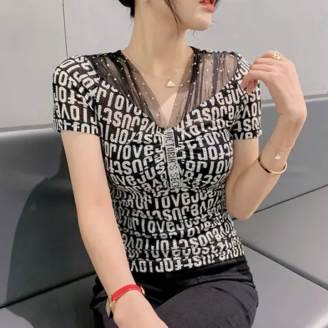 欧货性感网纱T恤女短袖洋气百搭V领小衫字母印花上衣夏季漂亮半袖商品大图