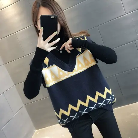 针织马甲毛衣背心女外穿2023秋冬新款马夹韩版宽松套头菱格坎肩商品大图