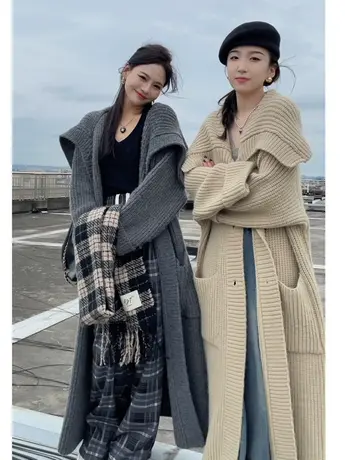 秋冬新款过膝中长款时尚百搭慵懒风气质大翻领针织开衫毛衣外套潮图片