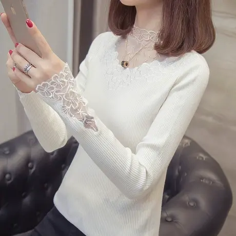 蕾丝打底衫女士毛衣秋冬修身紧身显瘦上衣长袖内搭甜美套头针织衫图片