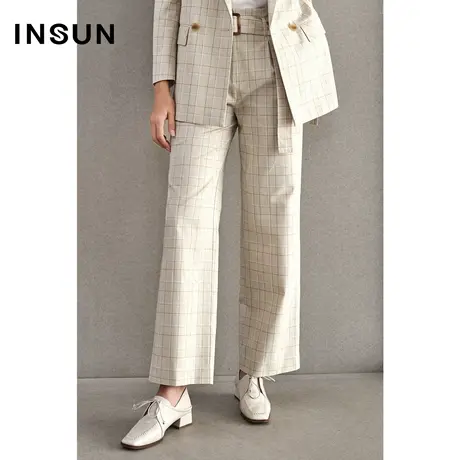 恩裳春季格纹直筒阔腿裤系带高腰西裤商品大图