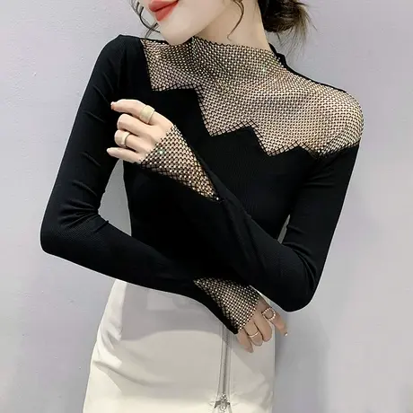 加绒打底衫女秋冬性感镂空T恤网纱拼接长袖设计感洋气内搭上衣潮商品大图