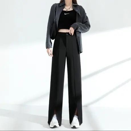 冰丝开叉阔腿裤女微喇春秋新款高腰宽松黑色分叉拖地直筒西装裤子商品大图