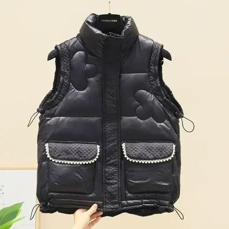 珍珠口袋羽绒棉服马甲女2023年冬季新款欧货无袖马夹立领背心坎肩商品大图