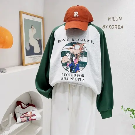 22早秋季复古美式字母搞怪上衣韩国东大门撞色休闲宽松卫衣小个子商品大图