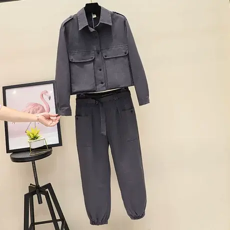 工装时尚套装欧洲站2023春秋季新款韩版气质混纺短款外套两件套女商品大图