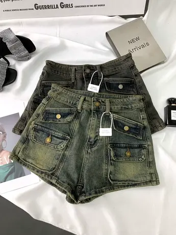 水洗复古口袋牛仔工装短裤女2023秋季新款显瘦百搭高腰弹力a字裤商品大图