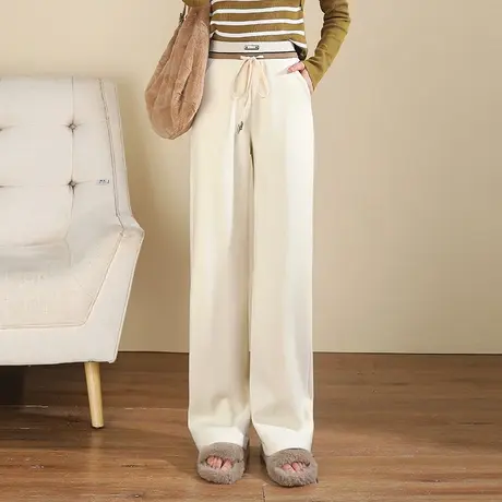 时尚黑色加绒阔腿裤女2022秋冬新款显瘦百搭直筒拖地裤米白色长裤商品大图