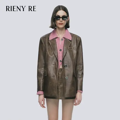 RIENYRE外套女2023秋冬新款复古宽松港风咖棕色美拉德皮夹克外套商品大图