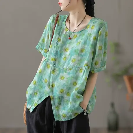 dza 斜襟盘扣苎麻上衣女士短袖夏薄款宽松不规则开叉打底棉麻衬衣商品大图