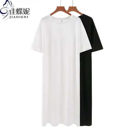 夏季新款韩版圆领纯棉宽松加长款纯色大码休闲短袖体恤上衣内搭女图片