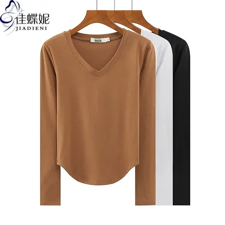 秋冬新款V领修身显瘦纯欲圆弧下摆纯棉纯色长袖体恤上衣女打底衫商品大图