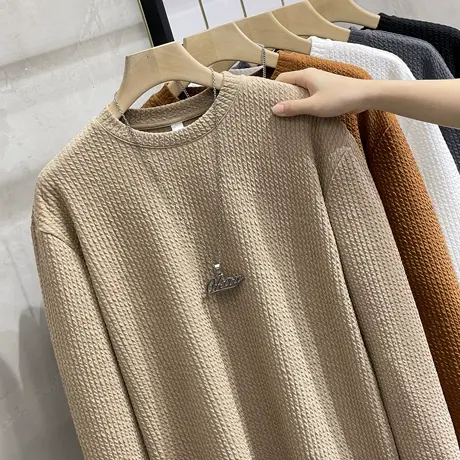 2024春秋新款长袖T恤男韩版潮流宽松休闲肌理质感百搭针织打底衫商品大图