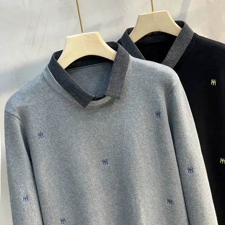 2023秋冬季新款时尚毛衣男士修身衬衫领潮流字母刺绣假两件针织衫商品大图