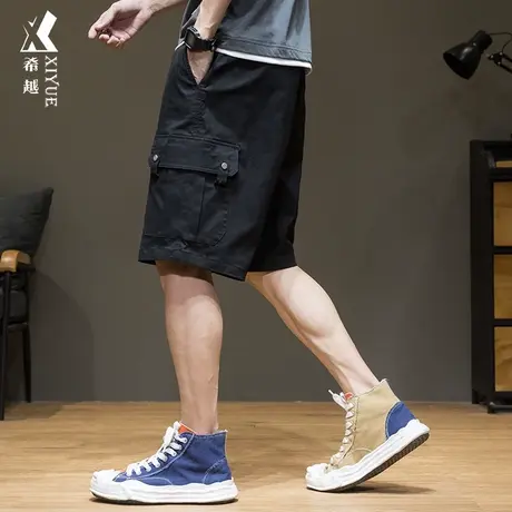 希越日系工装短裤男宽松大码夏季薄款男士休闲五分裤男款黑色中裤商品大图