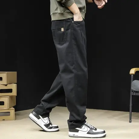 直筒休闲裤男士纯棉宽松大码潮牌春季2024新款阔腿黑色裤子男长裤商品大图