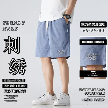 潮牌刺绣休闲裤男款夏季薄款宽松五分裤子韩版潮流抽绳松紧腰短裤商品大图