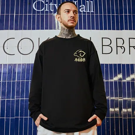 2024T恤大码男装百搭春秋季纯棉长袖打底衫宽松潮牌简约上衣体恤商品大图