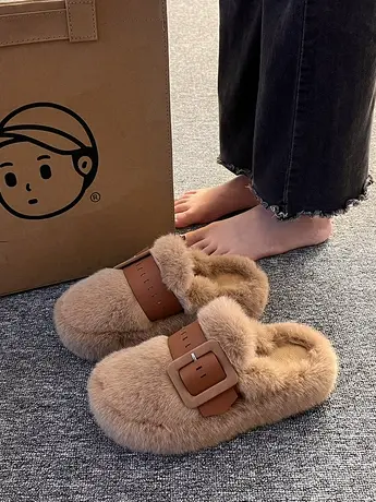 网红包头毛毛半拖鞋女2023冬新款厚底加绒保暖棉鞋毛毛鞋外穿时尚商品大图