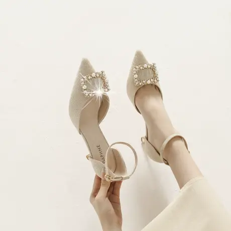 法式珍珠水钻单鞋女2024年春季新款气质尖头中空一字带细跟高跟鞋图片