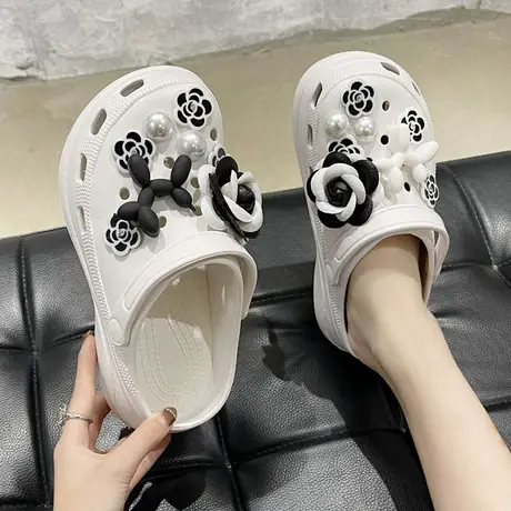 山茶花洞洞鞋女夏季外穿时尚网红厚底增高两穿防滑沙滩松糕凉拖鞋商品大图