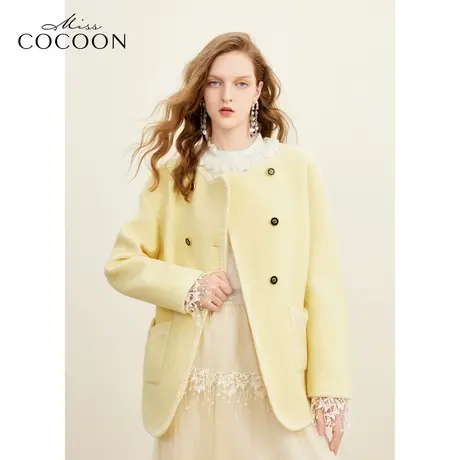missCOCOON宽松中长款上衣2023冬装新款女复古撞色织带毛呢外套商品大图