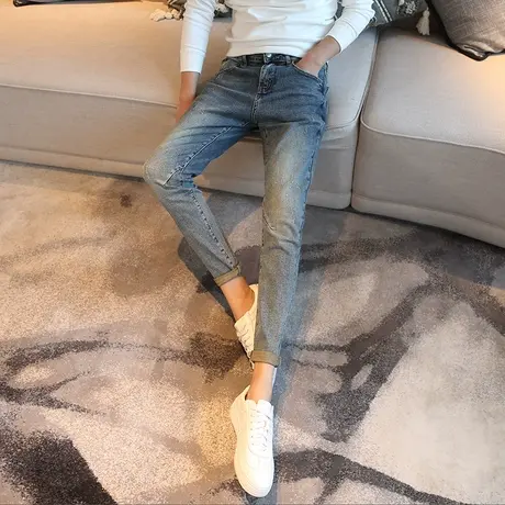 秋季新款潮牌流行痞帅牛仔裤潮流修身休闲时尚青少年ins九分裤男商品大图