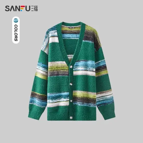 三福2024春季男士条纹混纺纱开衫毛衣 学院休闲慵懒上衣480986商品大图