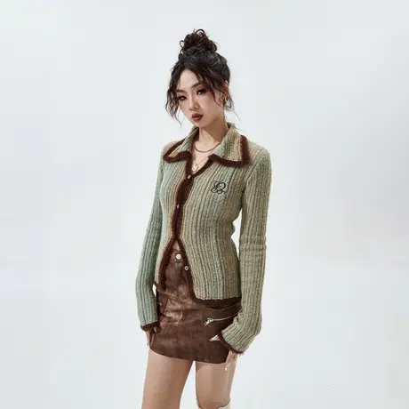 YEP设计感修身开衫毛衣女款2024新款春秋内搭复古紧身短款针织衫商品大图