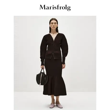 【商场同款】玛丝菲尔2024春季新款咖啡色拉链针织衫开衫外套女商品大图