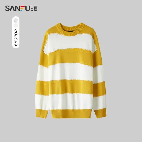 三福2024春季男士条纹毛衣 趣味休闲落肩圆领上衣男482539商品大图