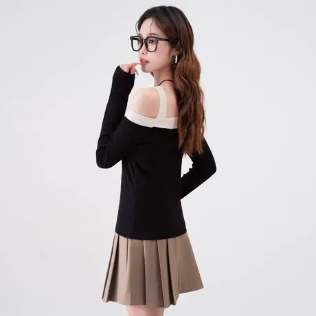 othermix设计感一字领针织衫女2024春新款性感辣妹修身显瘦打底衫图片