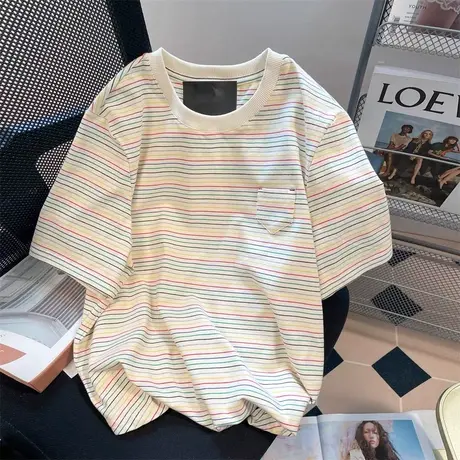 法式高级小众彩虹撞色条纹短袖T恤女夏季正肩学院风别致打底上衣商品大图