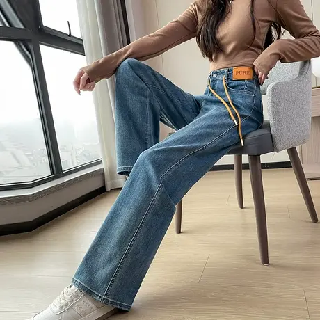 蓝色直筒牛仔裤女2024年春秋新款抽绳高腰宽松显瘦百搭窄版阔腿裤图片