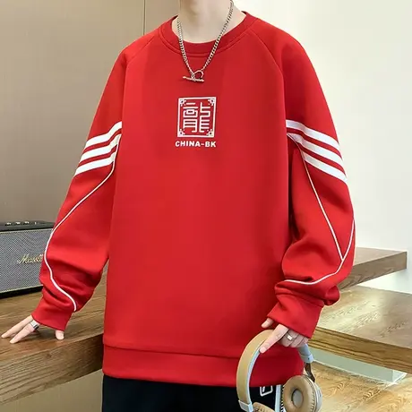 本命年龙年衣服春秋新款潮牌宽松圆领红色卫衣男士长袖t恤打底衫商品大图