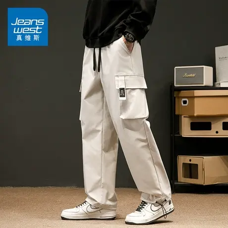 KZ真维斯冬季白色工装休闲长裤男士机能风松紧腰抽绳男裤子秋冬款商品大图